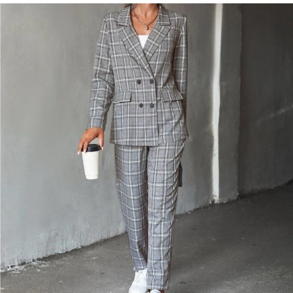 Womens Plaid Double Breasted Blazer And Pants Set - Picture 3 of 3